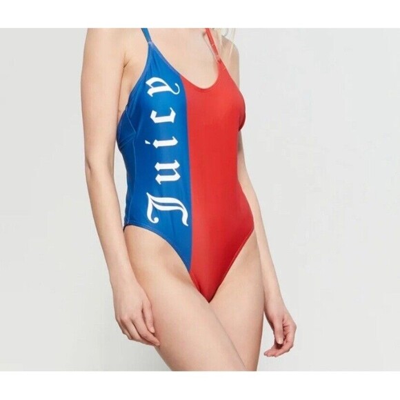 Juicy Couture Swimsuit Size L Colorblock One Piece Red Blue Scoop Back Strappy - Picture 3 of 16
